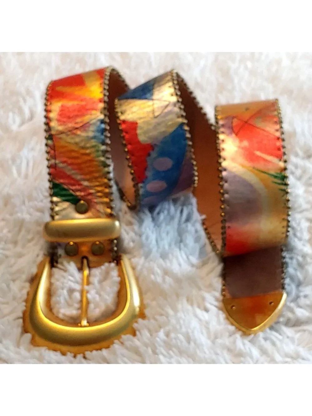 B.B. Simon Leather Belt Art Y2K Maximalist Statement Gold Western Metallic